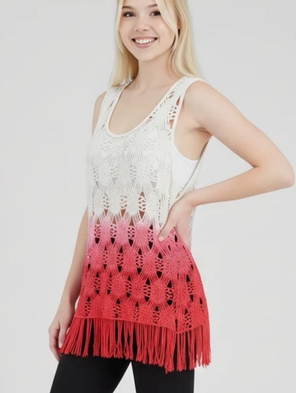 Deb Womens 3X Crochet Sunflower Ombre Fringe Tank Top Pink Cream Boho Festival